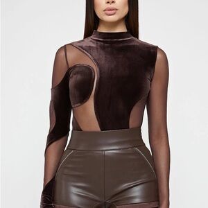 Maniere De Voir Brown Velour & Mesh Bodysuit
